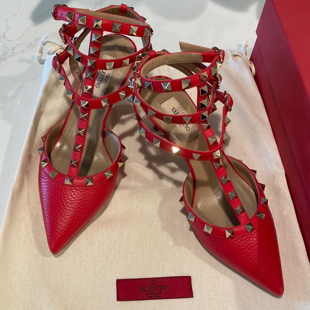 VALENTINO Rockstud Red T-Strap Pumps